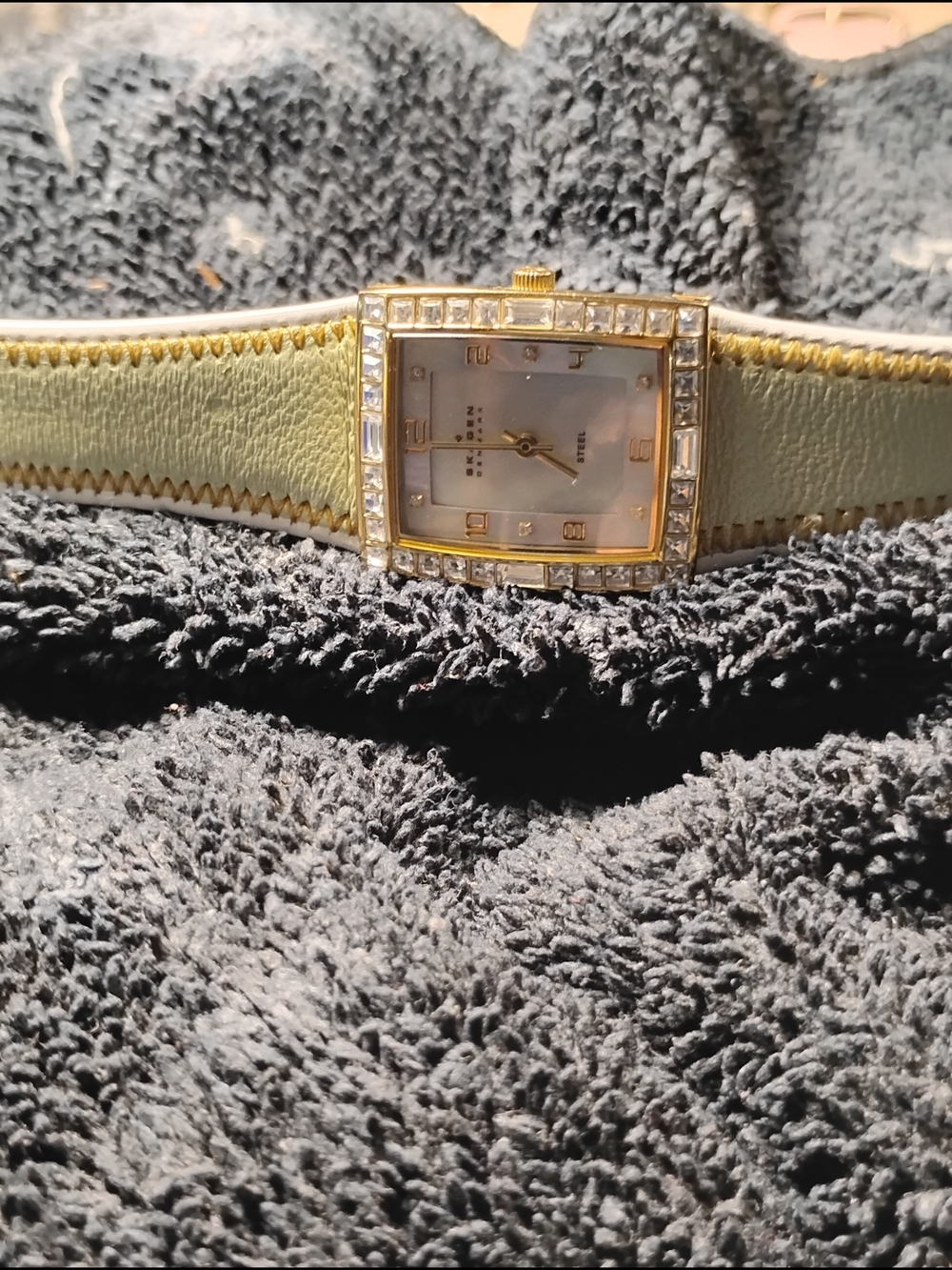 Skagen Gold-Tone Crystal Square Watch with Cream Leather Strap - Picture 5 of 9